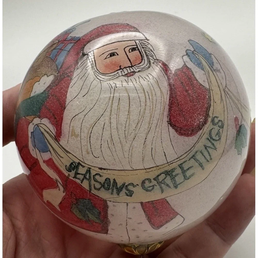 Vintage Reverse Inside Hand Painted Folk Art Santa Glass Ornament Ball 80-90's